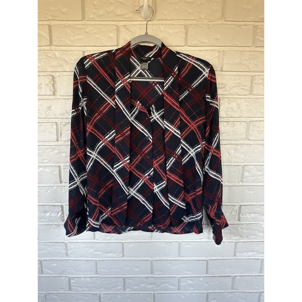 Ann Taylor Petite Plaid Neck Tie Blouse Women's SP Red Black White Long Sleeve